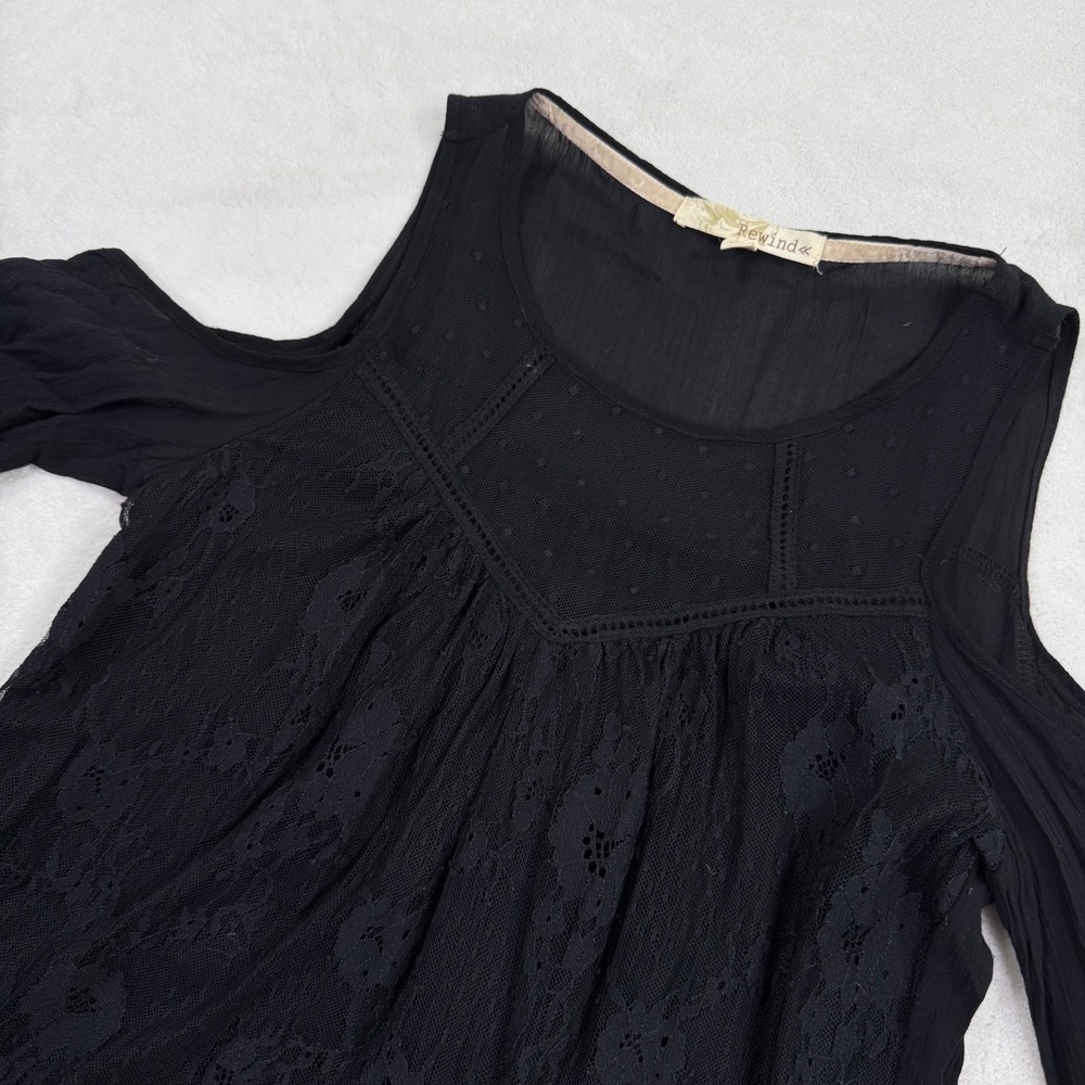 Rewind Womens Black Lace Cold Shoulder Long Sleeve Blouse Small Swiss Dot Mesh